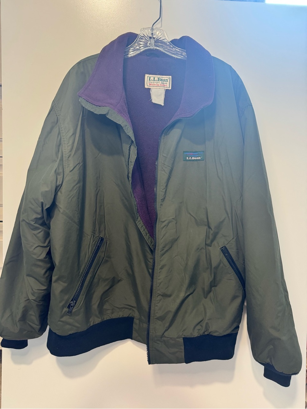 Vintage 90s L.L.Bean Warm-Up Jacket Olive Green Purple Fleece